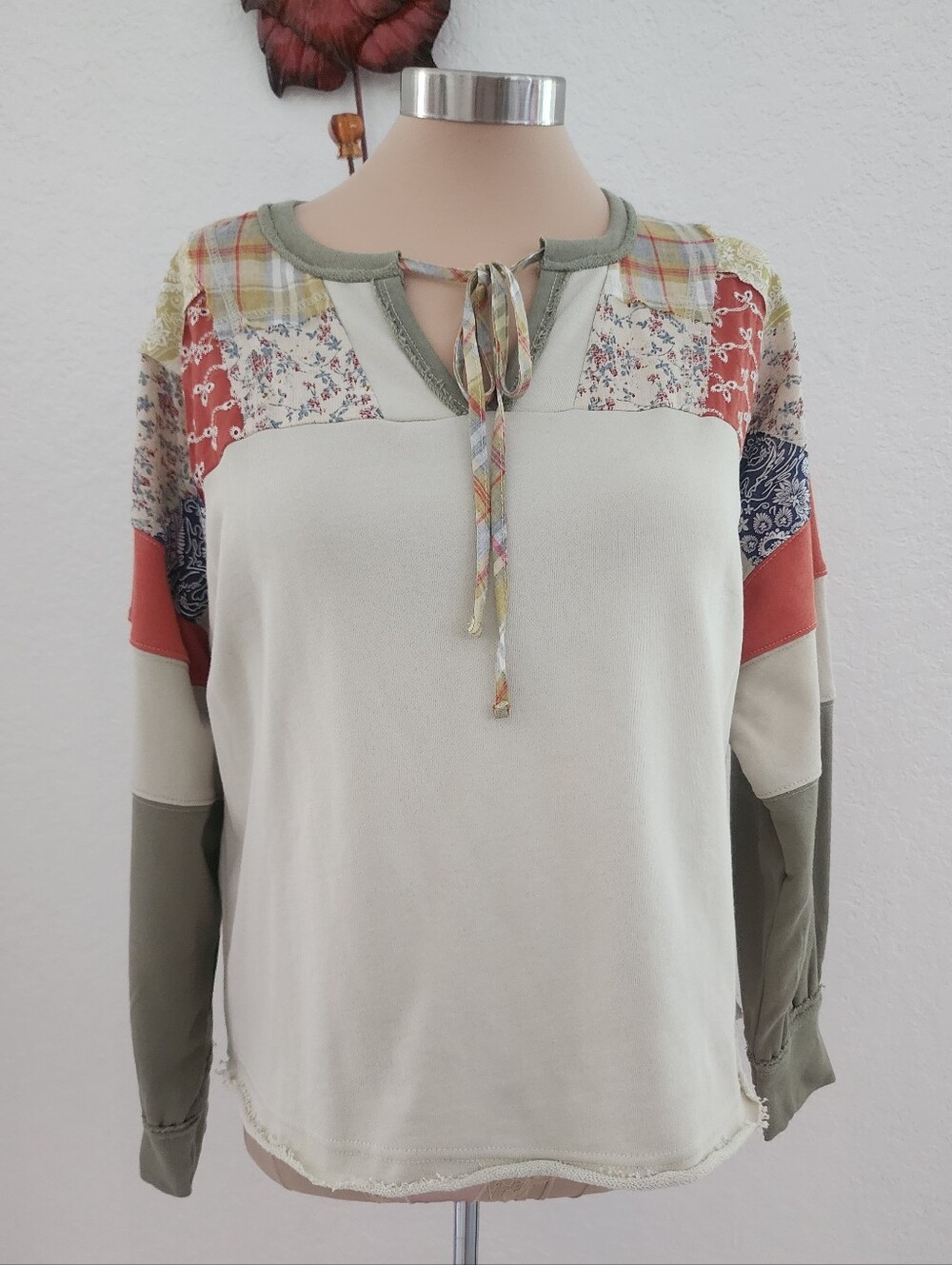 EASEL | Patchwork Detail Long-Sleeve Top in Cream and Olive